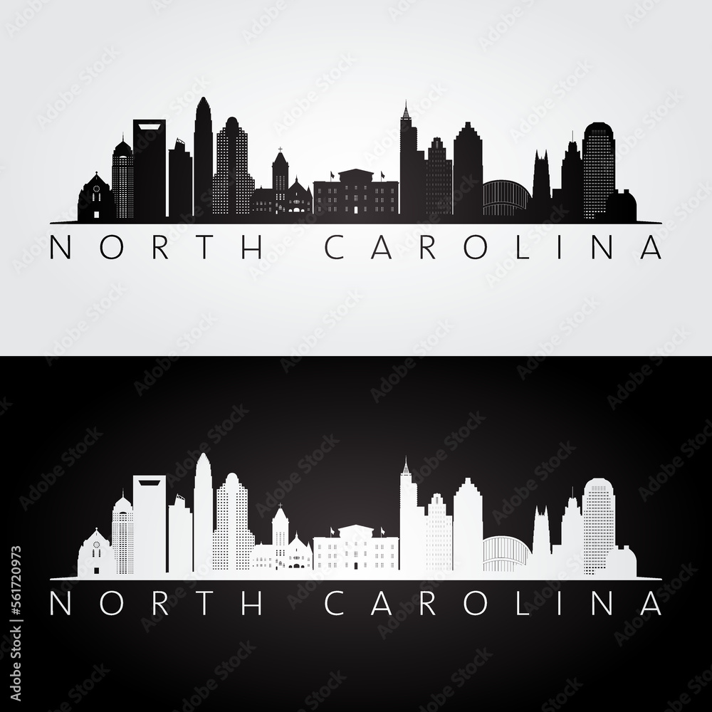 Fototapeta premium North Carolina state skyline and landmarks silhouette, black and white design. Vector illustration.