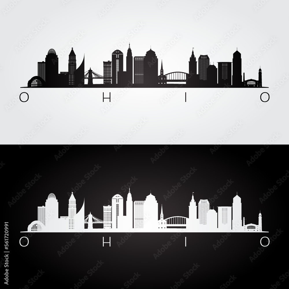 Ohio state skyline and landmarks silhouette, black and white design. Vector illustration.