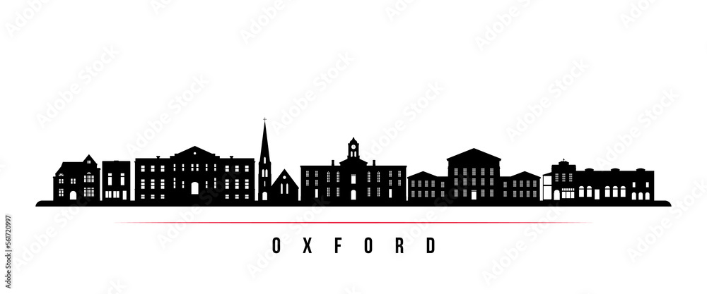 Oxford, Mississippi skyline horizontal banner. Black and white silhouette of Oxford, MS. Vector template for your design.