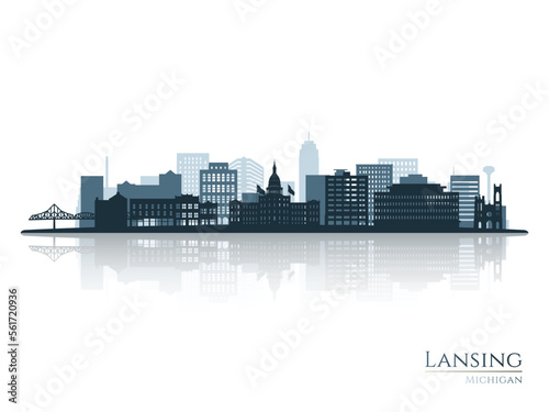 Lansing skyline silhouette with reflection. Landscape Lansing, Michigan. Vector illustration.