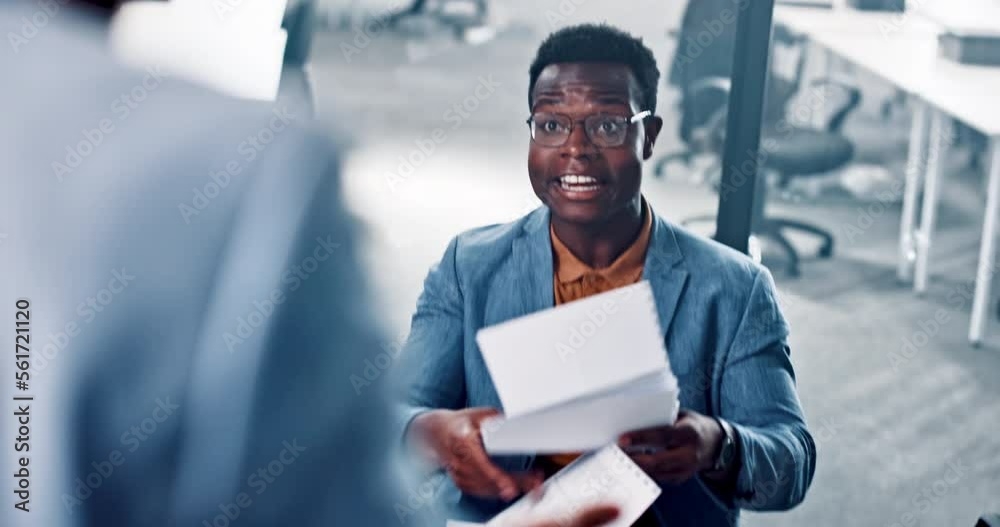 Documents, meeting and black man in argument with employee in office. Conflict, paperwork review and business people in conversation, disagreement or mistake, failure and arguing with angry boss. Documents, meeting and black man in argument with employee in office. Conflict, paperwork review and business people in conversation, disagreement or mistake, failure and arguing with angry boss.