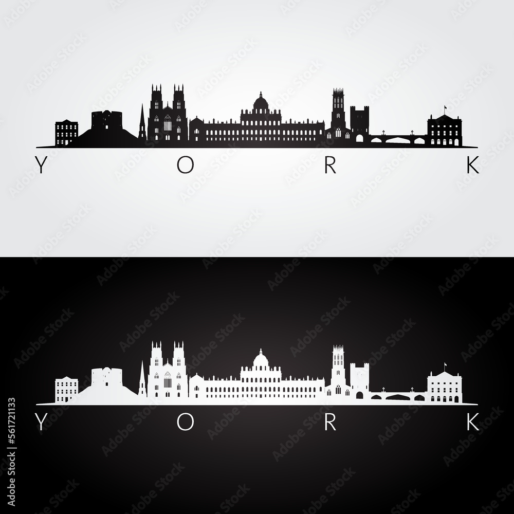 Fototapeta premium York skyline and landmarks silhouette, black and white design, vector illustration.