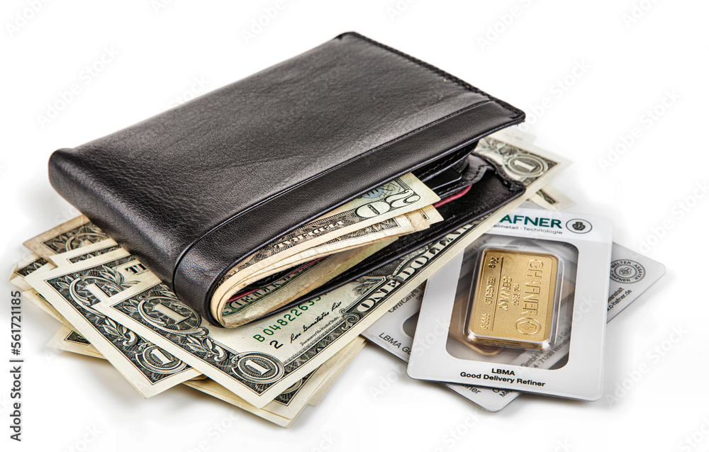 black leather wallet with banknotes lying on a white background black leather wallet with banknotes lying on a white background