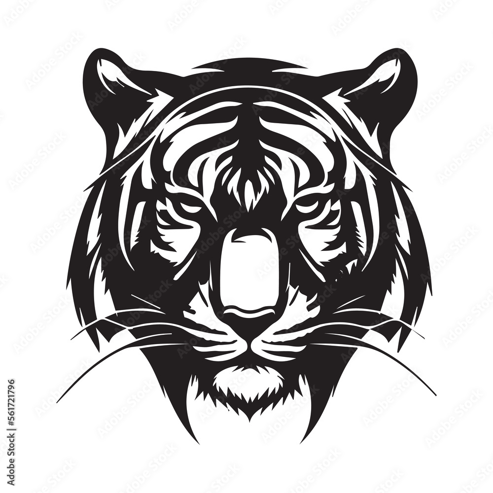 Tiger head minimal vector icon. Isolated predator illustration. Mascot silhouette of wild animal. Business and company logo. Sport team . Aggressive beast. Big cat. Tattoo ideas. Symbol of strength.