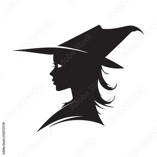 Head of a witch vector icon. Scary wizard with a big pointy hat using black magic. Spooky scary design. Logo design for company. Silhouette of enchanter. Magical spells, abilities. Witchcraft potion