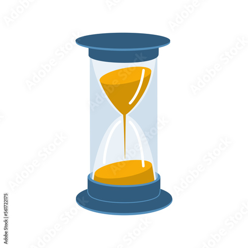 Blue hourglass. Vintage sandglass with sand inside to measure time. Hand drawn vector illustration isolated on white background, modern flat cartoon style.