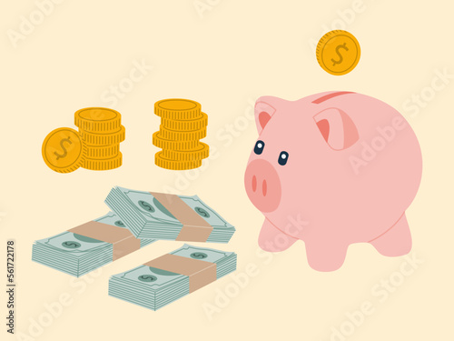 Piggy Bank, golden coins, dollar banknotes. Saving money. Business, finance and investment concept. Hand drawn vector illustration isolated on light background, modern flat cartoon style.