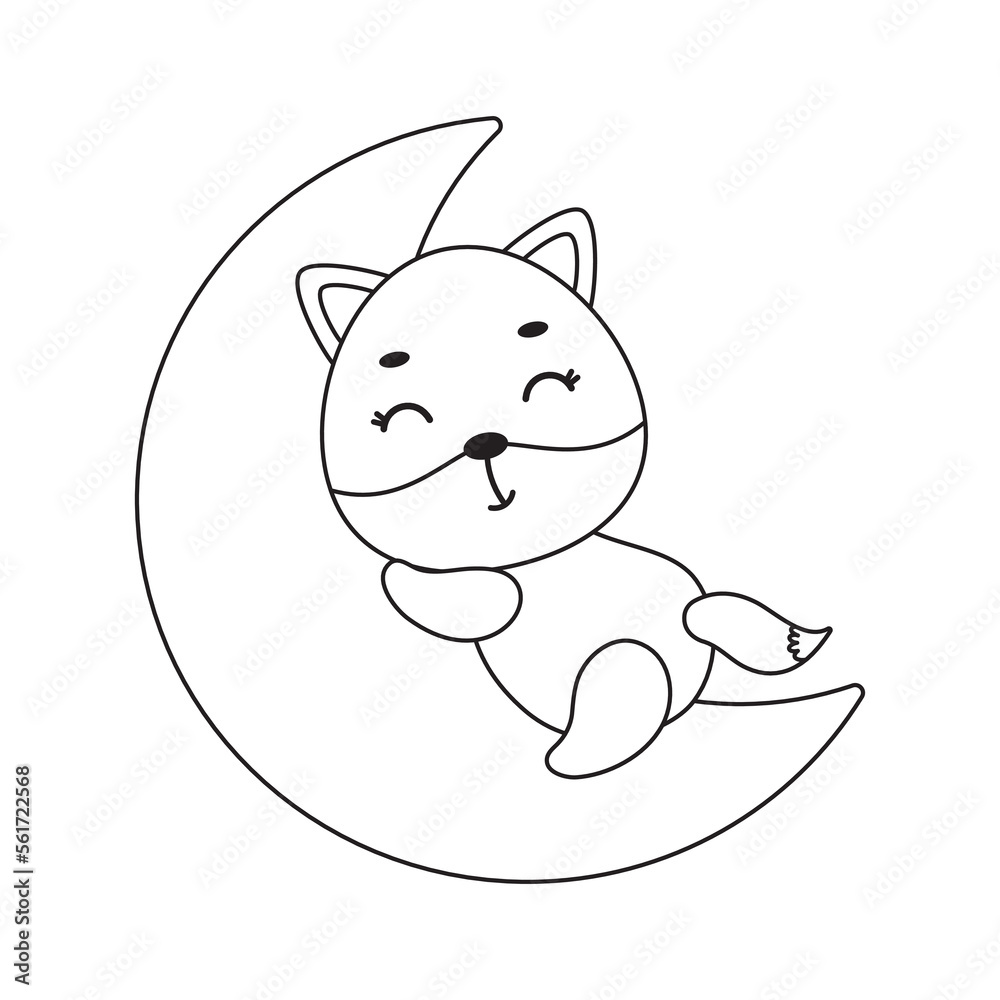 Coloring page cute little fox sleeping on moon. Coloring book for kids. Educational activity for preschool years kids and toddlers with cute animal. Vector stock illustration Coloring page cute little fox sleeping on moon. Coloring book for kids. Educational activity for preschool years kids and toddlers with cute animal. Vector stock illustration