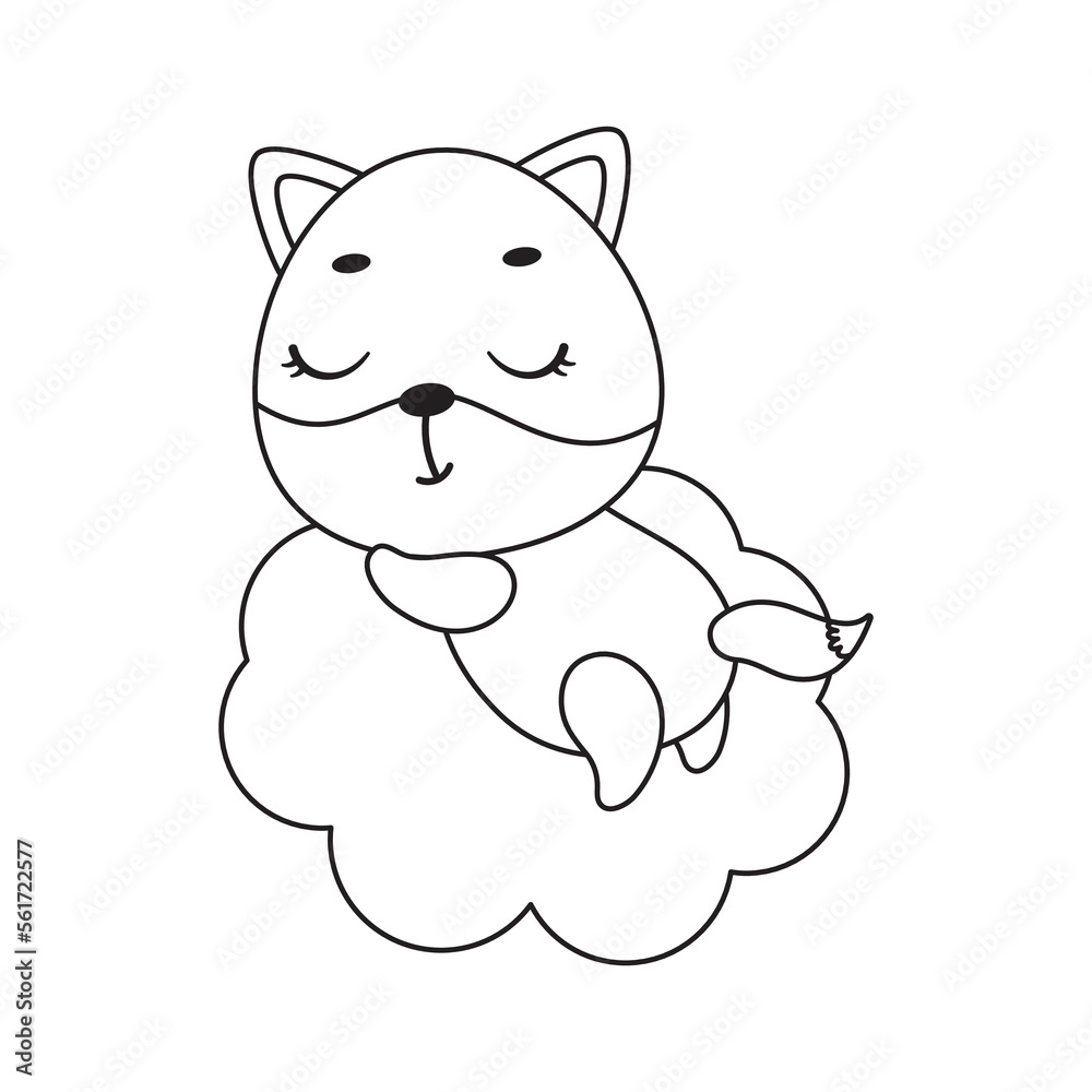 Fototapeta premium Coloring page cute little fox sleeping on cloud. Coloring book for kids. Educational activity for preschool years kids and toddlers with cute animal. Vector stock illustration