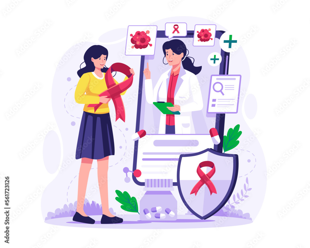A girl is having an online consultation with a doctor. Cancer disease diagnostic and treatment. Oncologist Online service concept illustration