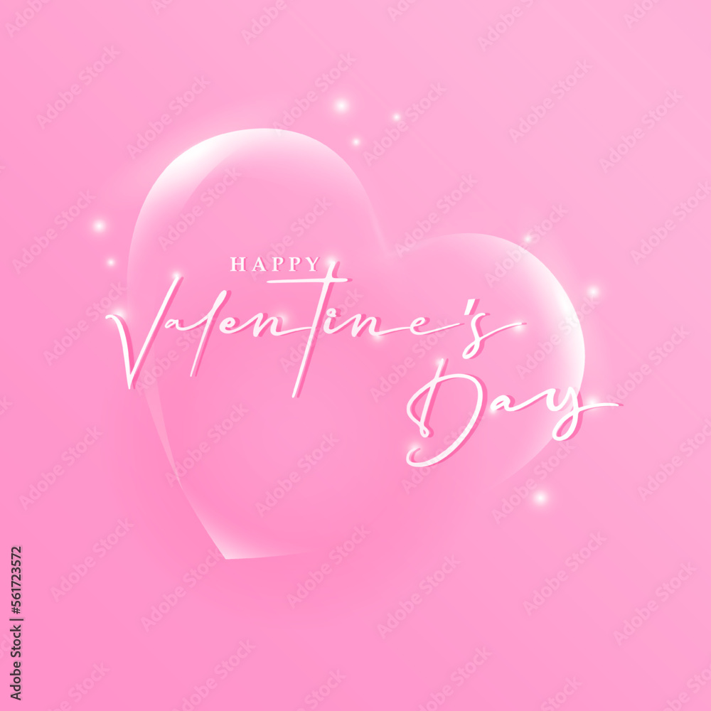 Romantic pink poster with voluminous glass luminous heart and happy valentine's day greeting text.