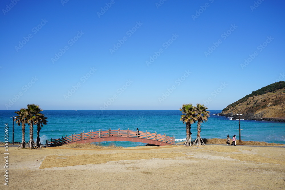 fine seaside bridge and distant island