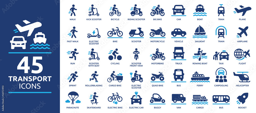 Transport icon set. Containing car, bike, plane, train, bicycle, motorbike, bus and scooter icons. Solid icon collection. - obrazy, fototapety, plakaty 