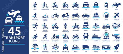 Transport icon set. Containing car, bike, plane, train, bicycle, motorbike, bus and scooter icons. Solid icon collection. © Icons-Studio