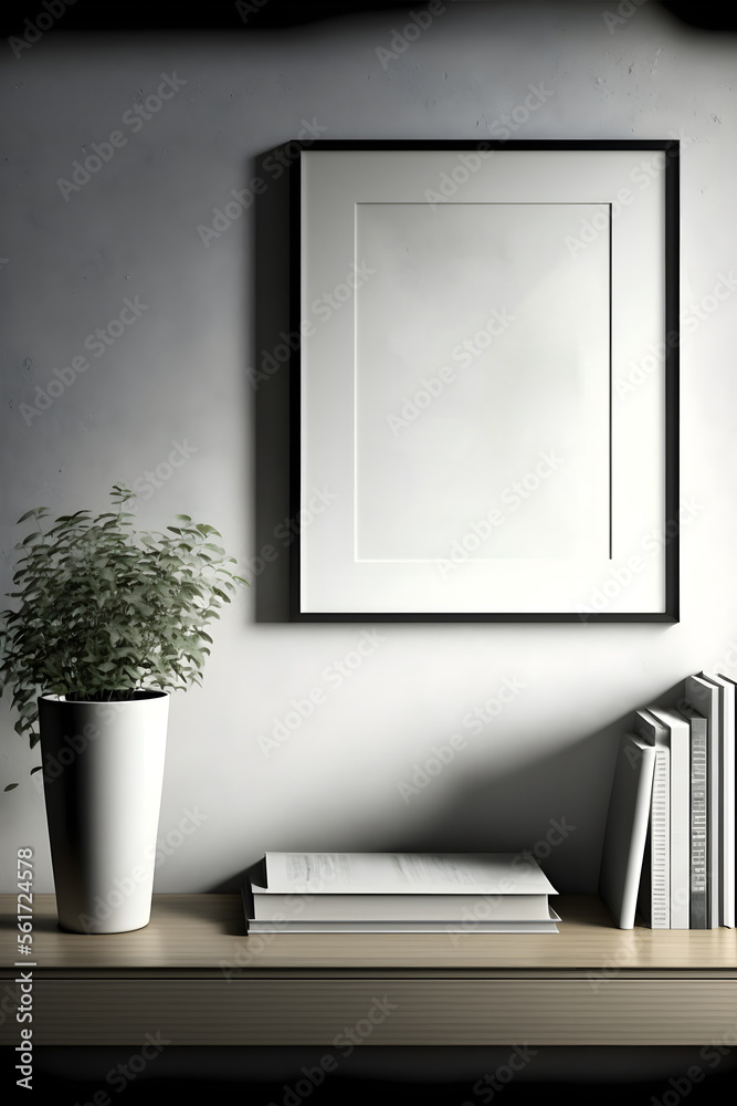 Fototapeta premium Elegant living room interior with framed art print above a gray sofa, glass coffee table, bookshelf & natural light. Ideal for showcasing interior design and home decor products, art and photography p