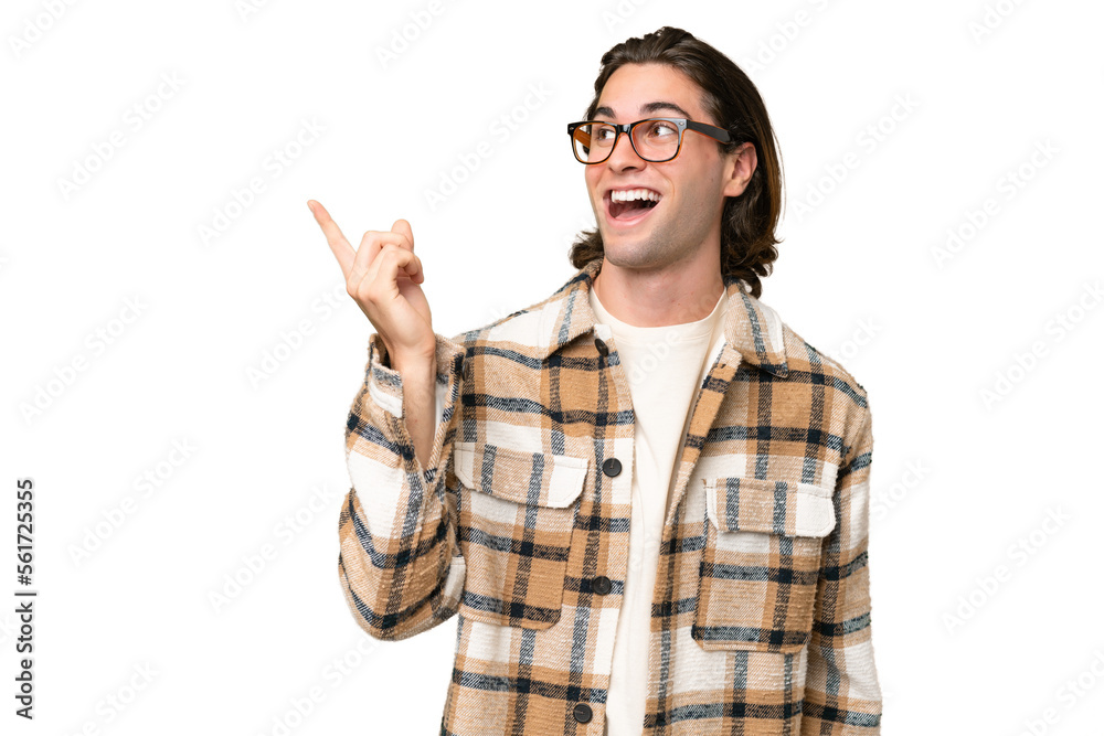 Young caucasian man isolated on green chroma background intending to realizes the solution while lifting a finger up Young caucasian man isolated on green chroma background intending to realizes the solution while lifting a finger up