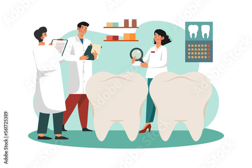 Dentists discuss teeth techniques in the clinic.