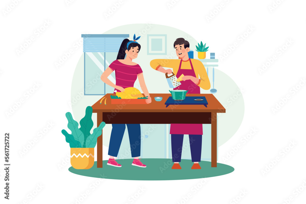 The couple is cooking together The couple is cooking together