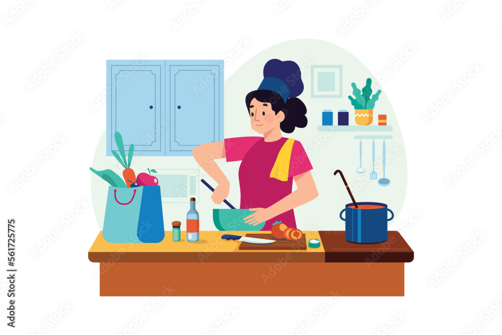 The girl is preparing dinner in the kitchen The girl is preparing dinner in the kitchen
