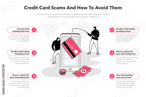 Simple infographic template for credit card scams and how to avoid them. 6 stages template with a smartphone and two hackers as a main symbol.