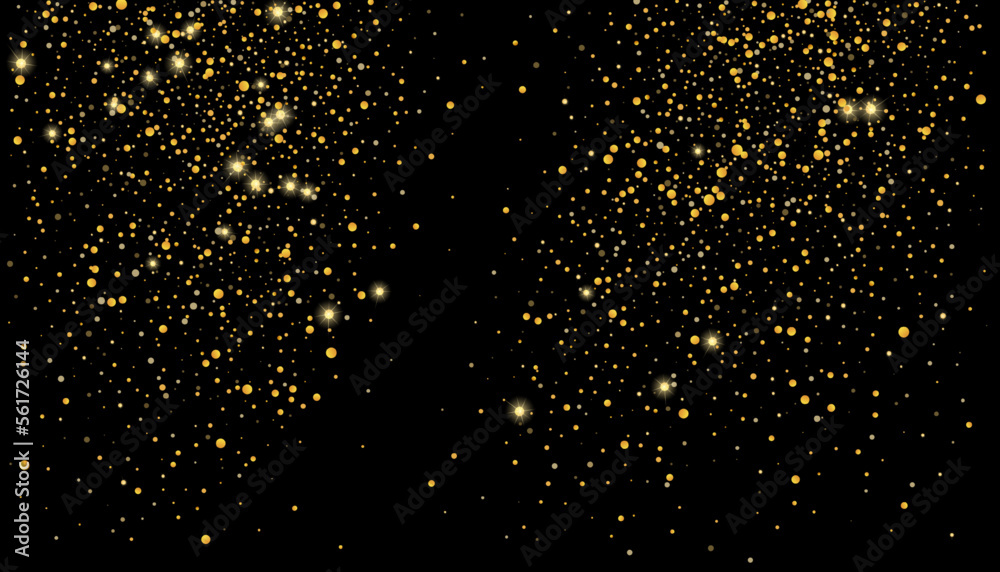 Gold glitter confetti on a black background. Shiny particles scattered, sand. Decorative element. Luxury background for your design, cards, invitations, vector Gold glitter confetti on a black background. Shiny particles scattered, sand. Decorative element. Luxury background for your design, cards, invitations, vector