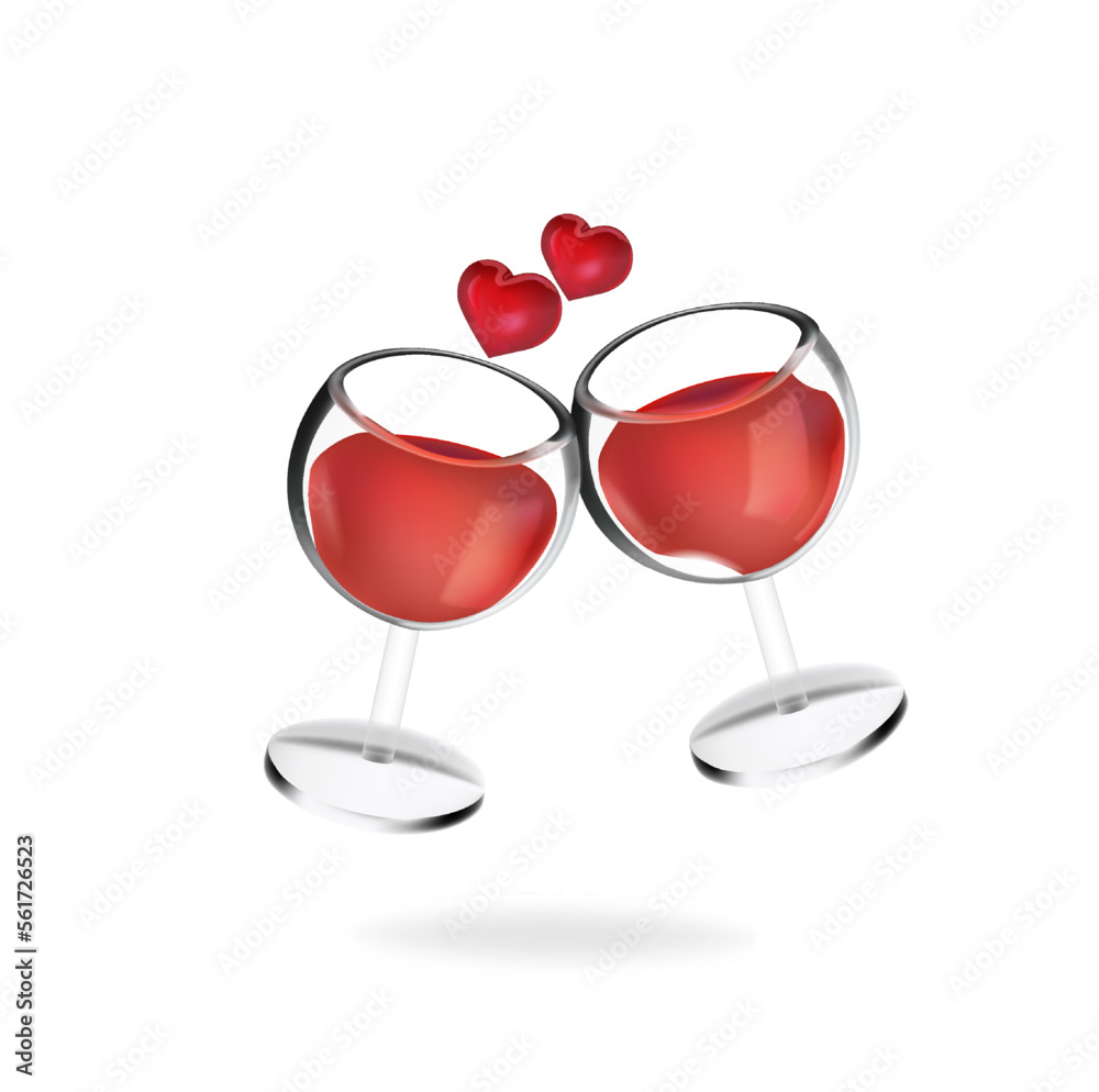 Two glasses of wine 3d format. Transparent cartoon glasses, red wine, hearts. For postcards of the holiday of St. Valentine and engagement. Romantic 3d vector illustration Two glasses of wine 3d format. Transparent cartoon glasses, red wine, hearts. For postcards of the holiday of St. Valentine and engagement. Romantic 3d vector illustration