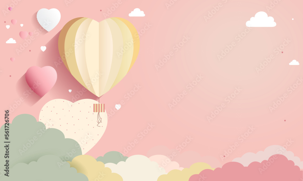 3D Render of Soft Color Paper Heart Shapes With Clouds And Copy Space.