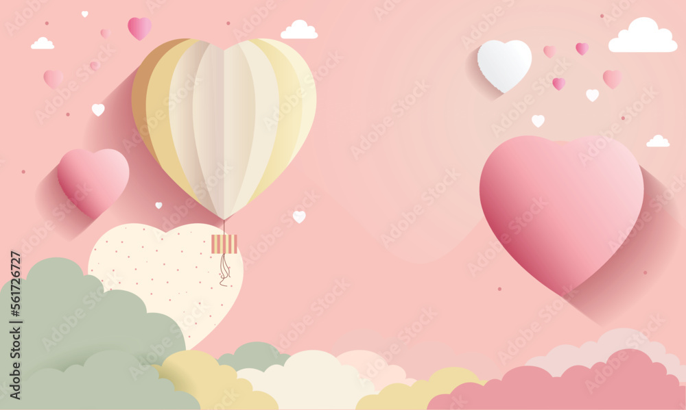 3D Render of Soft Color Paper Heart Shapes With Clouds. Love Or Valenntine Concept.