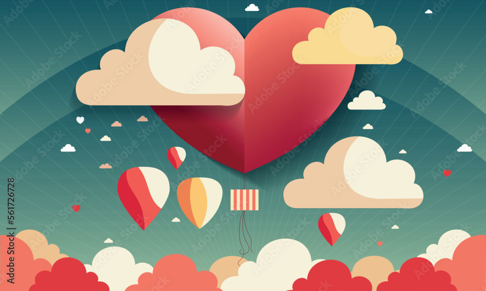 Beautiful Red Paper Heart Shape Balloon With Rays, Colorful Clouds Background For Love Or Valentine Concept.