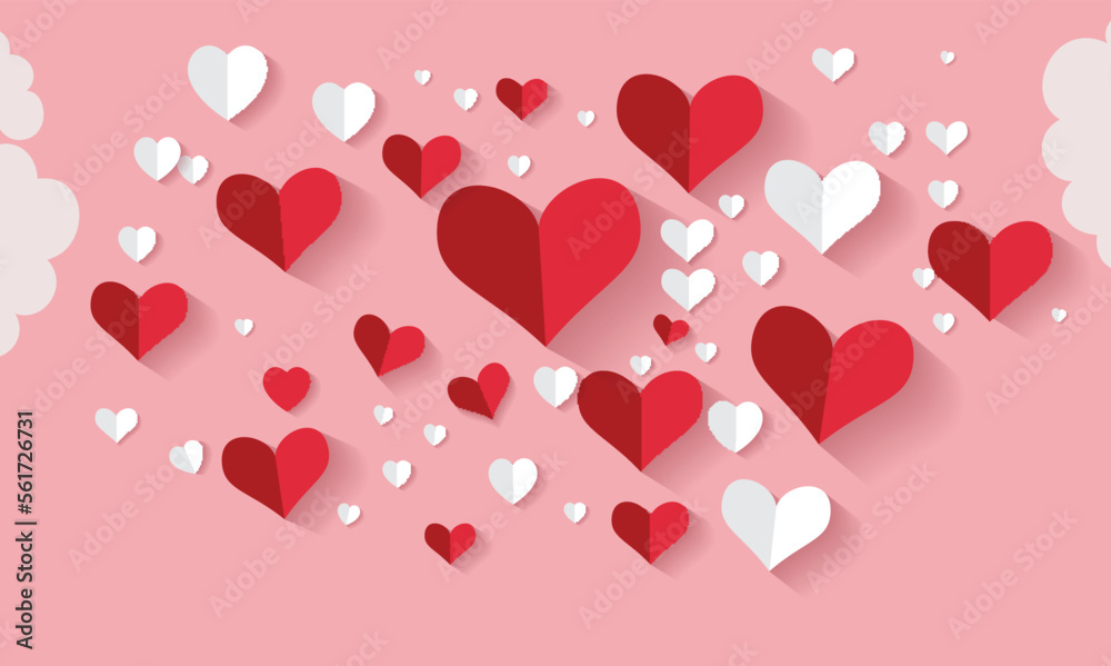 Red And White Paper Cut Heart Shapes On Pastel Pink Background. Love Or Valentine Concept.