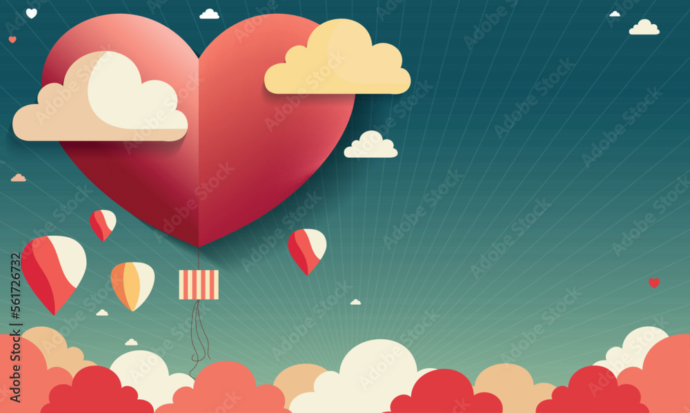 Beautiful Red Paper Heart Shape Balloon With Rays, Colorful Clouds Background And Copy Space For Love Or Valentine Concept.