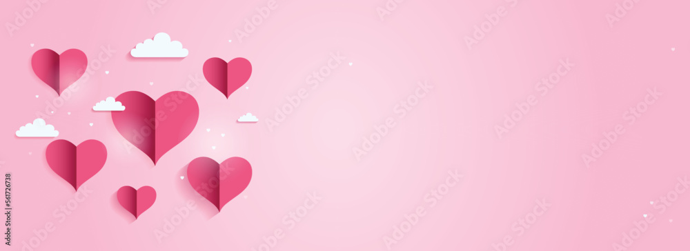 Paper Cut Heart Shape With Clouds On Pastel Pink Background And Copy Space. Love Or Valentine Concept.