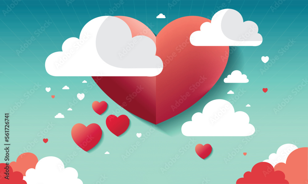 Beautiful Paper Heart Shapes With Clouds On Turquoise Rays Background For Love Or Valentine Concept.