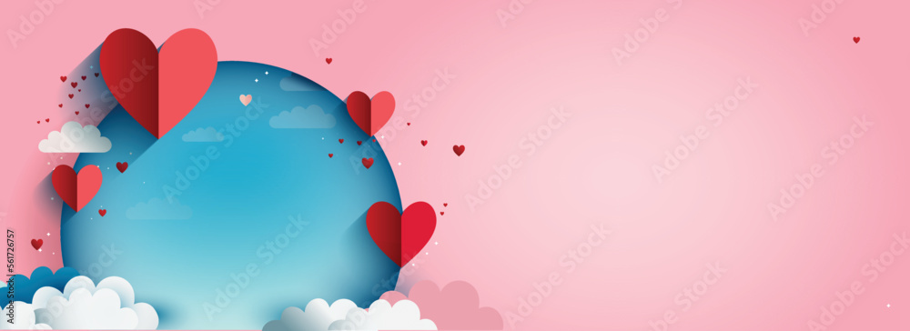 3D Render, Red Paper Cut Heart Shapes With Blue Round Shape, Clouds On ...