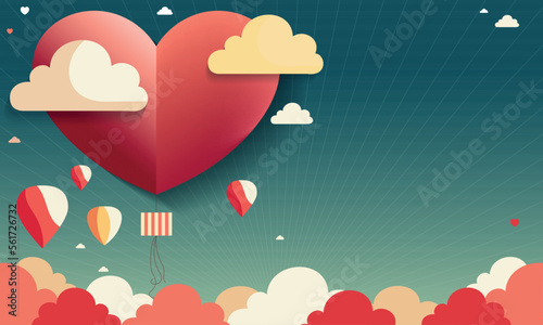 Beautiful Red Paper Heart Shape Balloon With Rays, Colorful Clouds Background And Copy Space For Love Or Valentine Concept.