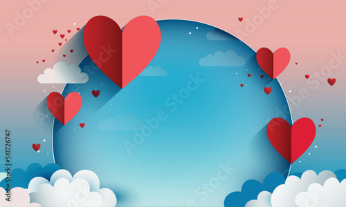 Red Paper Cut Hearts With Blue Round Shape, Clouds For Love Or Valentine Concept.