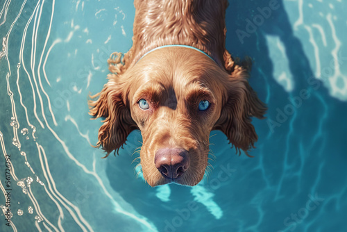 Closeup of Brown Labrador dog with blue eyes playing in water, ai generative illustration.