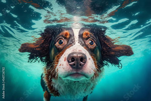 Closeup of dog swimming in the water or doing freediving underwater, ai generative illustration. photo