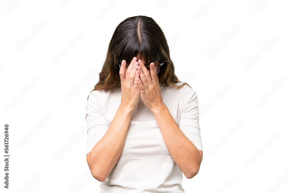 Young caucasian woman over isolated background with tired and sick expression Young caucasian woman over isolated background with tired and sick expression