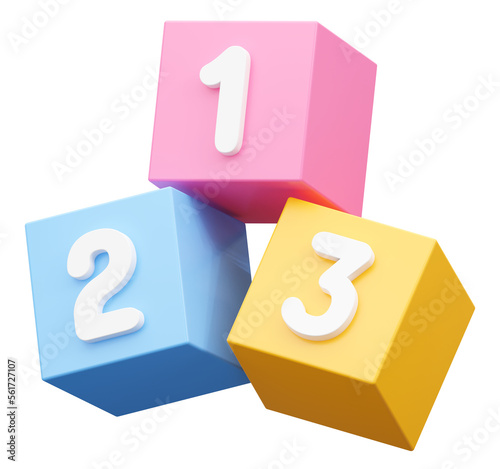 Preschool number 123 block 3d icon isolated on illustration png background of one two three education cube brick concept or school learn child play toy sign and kid math count box simple study symbol. © Lemonsoup14
