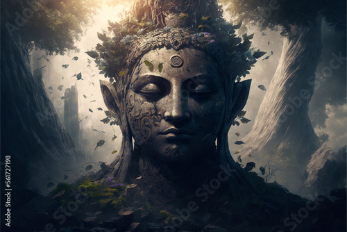 Buddhism stone statue in nature, Generative AI photo