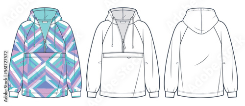 Unisex Hoodie, Anorak fashion design. Set of Hoodie Sweatshirt fashion flat technical drawing template, geometric print, zip-up, front and back view, white, women, men CAD mockup.