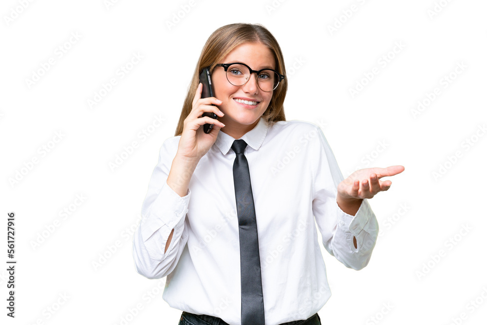 Young business caucasian woman over isolated background keeping a conversation with the mobile phone with someone Young business caucasian woman over isolated background keeping a conversation with the mobile phone with someone