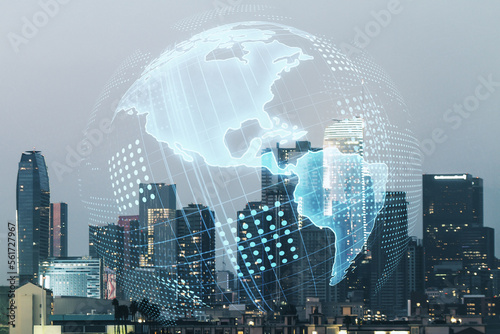 Virtual digital map of North America on Los Angeles skyline background  international trading concept. Multiexposure