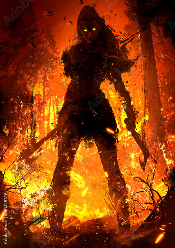 silhouette of a sinister Viking woman with two axes in her hands stands in an epic pose in the middle of burning forest, her eyes clearly glow in the dark of the night forest like a demon, 2d blot art