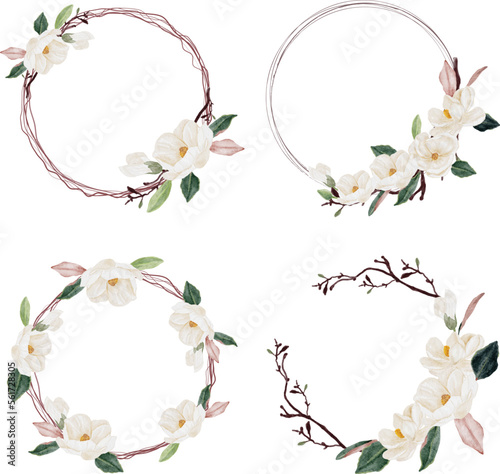 watercolor white magnolia flower and leaf bouquet clipart wreath  frame collection isolated on white background