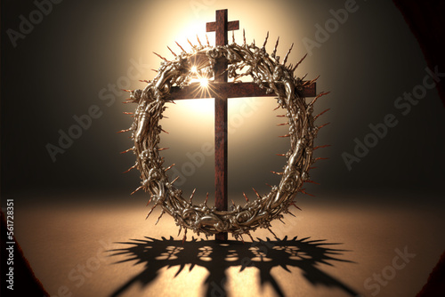 Empty cross of jesus and a crown of thorns hanging from the top of it, Generative AI photo
