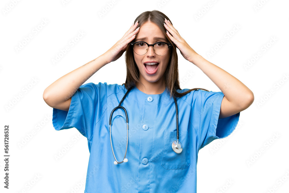 Young nurse caucasian woman over isolated background with surprise expression Young nurse caucasian woman over isolated background with surprise expression