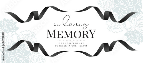 In loving memory of those who are forever in our hearts text in center with black ribbon line roll waving frame around on white abstract flower texture background vector design