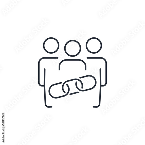 Group of people and connection chain. Social link.  Vector linear icon isolated on white background
